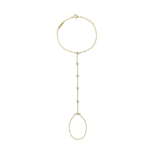 BLOOMTINE Illuminess gold vermeil hand chain set with ultra-sparkly lab-grown moissanite. A dainty 14K gold plated moissanite finger bracelet and hand harness accessory