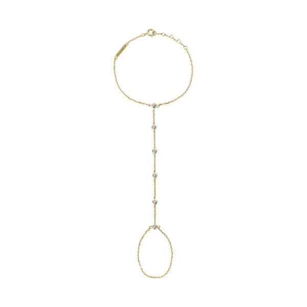 BLOOMTINE Illuminess gold vermeil hand chain set with ultra-sparkly lab-grown moissanite. A dainty 14K gold plated moissanite finger bracelet and hand harness accessory