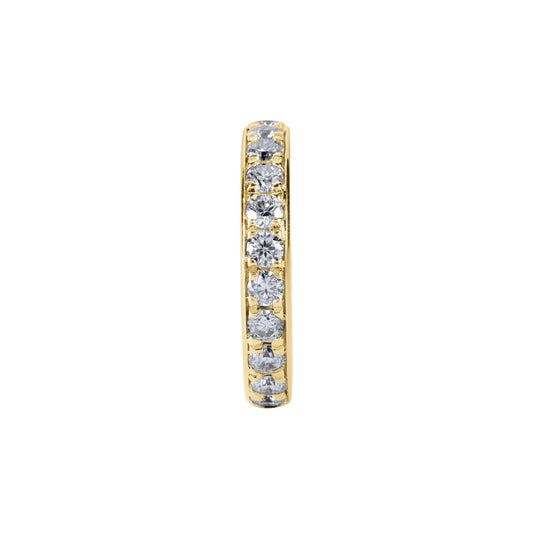Gold ring with embedded diamonds on a white background. Adjustable gold vermeil single ear cuff by BLOOMTINE with high-refractive lab moissanites. This tarnish-resistant, non-invasive jewelry piece requires no piercing and features a secret mantra inscription, making it a thoughtful, 'oil-resistant' gift for extraordinary humans