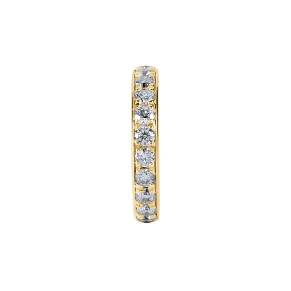 Gold ring with embedded diamonds on a white background. Adjustable gold vermeil single ear cuff by BLOOMTINE with high-refractive lab moissanites. This tarnish-resistant, non-invasive jewelry piece requires no piercing and features a secret mantra inscription, making it a thoughtful, 'oil-resistant' gift for extraordinary humans