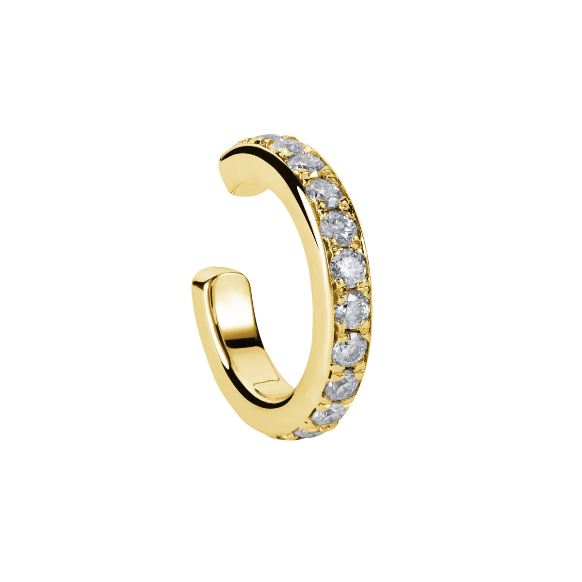 Gold hoop earring with embedded diamonds on a white background. Adjustable gold vermeil single ear cuff by BLOOMTINE with high-refractive lab moissanites. This 'no-piercing required' cartilage hoop features 14K gold over sterling silver and oil-resistant stones that stay bright against perfumes and lotions. An ethical, non-invasive jewelry gift