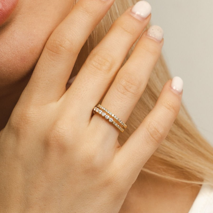 Illuminess™ Gold Vermeil Combi Stack Ring BLOOMTINE | Earth Angel HQ. BLOOMTINE Illuminess gold ring in 14K gold vermeil. A 2-in-1 fused stacked design featuring pavé and bezel moissanite stones. Tarnish-resistant and ethical gold vermeil jewelry