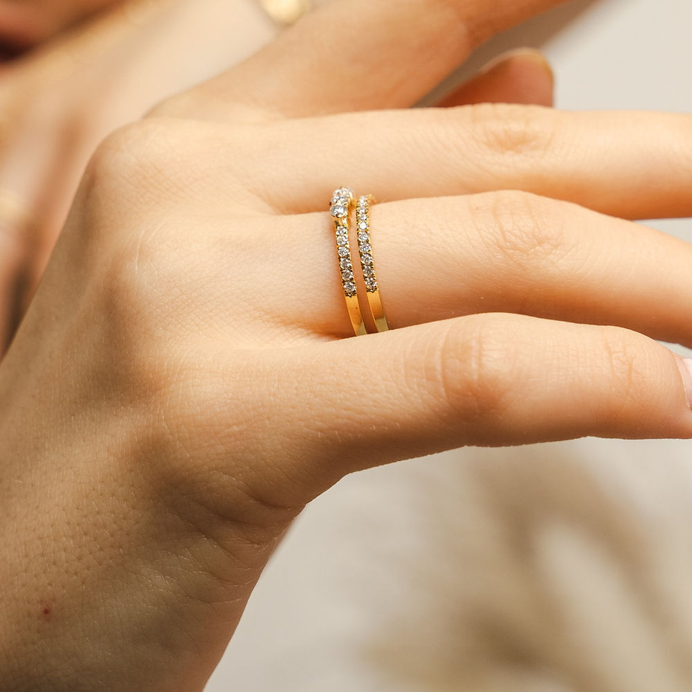 Illuminess™ Gold Vermeil Combi Stack Ring BLOOMTINE | Earth Angel HQ. BLOOMTINE Illuminess gold ring in 14K gold vermeil. A 2-in-1 fused stacked design featuring pavé and bezel moissanite stones. Tarnish-resistant and ethical gold vermeil jewelry
