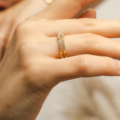 Illuminess™ Gold Vermeil Combi Stack Ring BLOOMTINE | Earth Angel HQ. BLOOMTINE Illuminess gold ring in 14K gold vermeil. A 2-in-1 fused stacked design featuring pavé and bezel moissanite stones. Tarnish-resistant and ethical gold vermeil jewelry