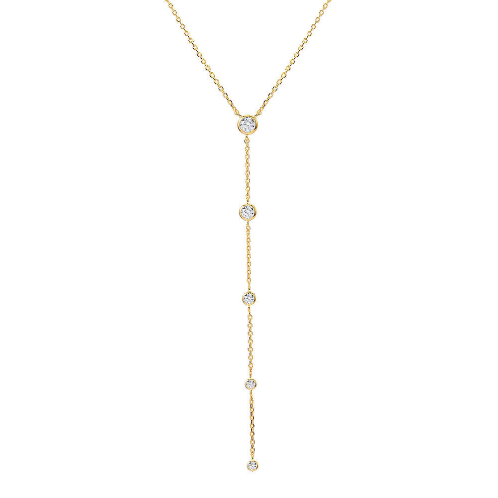 BLOOMTINE Illuminess rose gold lariat necklace in 14K rose gold vermeil. A diamond-cut rose gold Y-necklace set with moissanite. Tarnish-resistant and dainty goddess-style jewelry