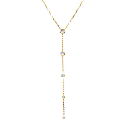BLOOMTINE Illuminess rose gold lariat necklace in 14K rose gold vermeil. A diamond-cut rose gold Y-necklace set with moissanite. Tarnish-resistant and dainty goddess-style jewelry