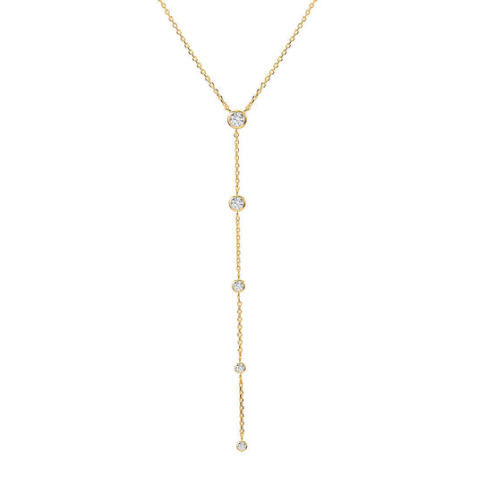 BLOOMTINE Illuminess rose gold lariat necklace in 14K rose gold vermeil. A diamond-cut rose gold Y-necklace set with moissanite. Tarnish-resistant and dainty goddess-style jewelry