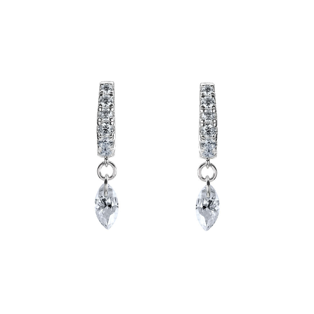 BLOOMTINE Illuminess silver huggie earrings in rhodium-plated sterling silver. French Pavé moissanite hoops featuring a floating sparkle effect. Tarnish-resistant and dainty sterling silver jewelry