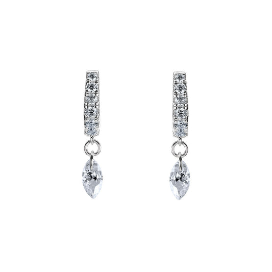 BLOOMTINE Illuminess silver huggie earrings in rhodium-plated sterling silver. French Pavé moissanite hoops featuring a floating sparkle effect. Tarnish-resistant and dainty sterling silver jewelry