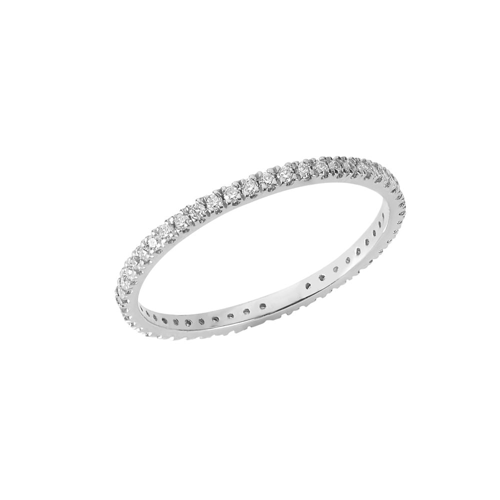 BLOOMTINE Illuminess silver stacking ring in rhodium-plated sterling silver. A full eternity ring featuring 1.2mm moissanites set in French Pavé. Tarnish-resistant and ethical moissanite ring