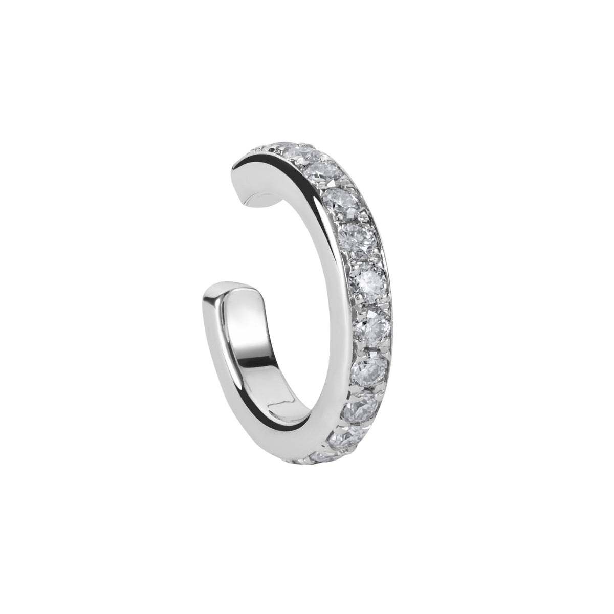 Silver hoop earring with embedded stones on a white background. Adjustable sterling silver single ear cuff by BLOOMTINE with high-brilliance moissanite stones. This hypoallergenic, 'needle-free' cartilage cuff features a mirror-like white rhodium finish and an internal empowerment inscription. An ethical, non-invasive jewelry gift sold individually