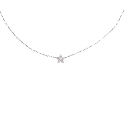 BLOOMTINE Mini Eternal Bloom sterling silver necklace featuring a 10mm flower pendant with a moissanite center. A dainty, handcrafted silver necklace on an adjustable chain for layering.