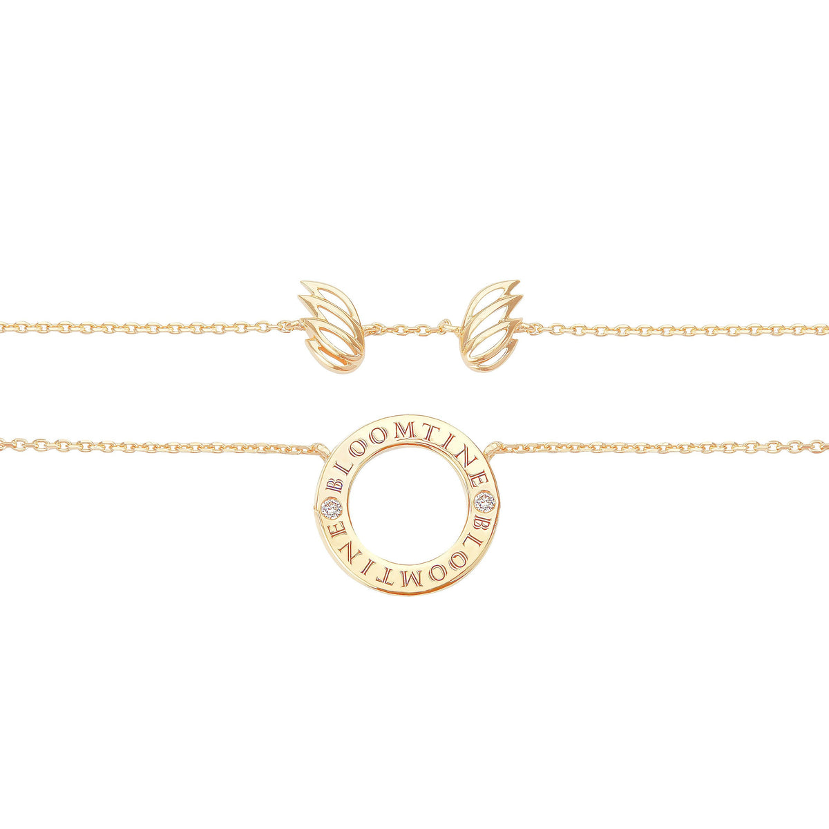 BLOOMTINE Mini Halo Wings gold angel necklace in 14K yellow gold vermeil. A 15mm halo pendant featuring two lab-grown diamonds and a unique angel wings pendant backing. Mini Halo Wings™ Diamond Gold Vermeil Angel Necklace BLOOMTINE | Earth Angel HQ