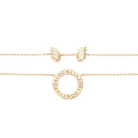 BLOOMTINE Mini Halo Wings gold angel necklace in 14K yellow gold vermeil. A 15mm halo pendant featuring two lab-grown diamonds and a unique angel wings pendant backing. Mini Halo Wings™ Diamond Gold Vermeil Angel Necklace BLOOMTINE | Earth Angel HQ