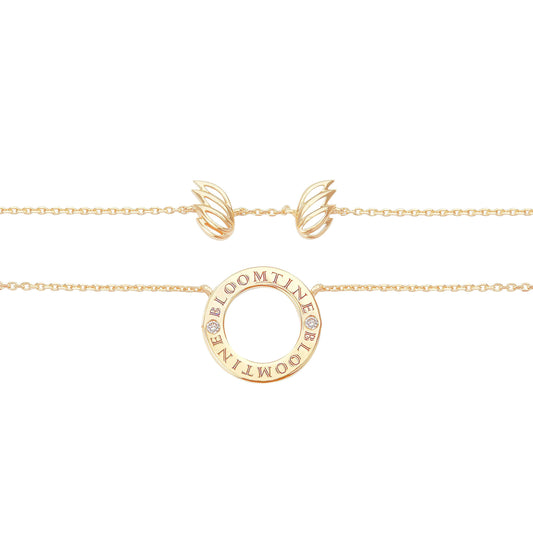 BLOOMTINE Mini Halo Wings gold angel necklace in 14K yellow gold vermeil. A 15mm halo pendant featuring two lab-grown diamonds and a unique angel wings pendant backing. Mini Halo Wings™ Diamond Gold Vermeil Angel Necklace BLOOMTINE | Earth Angel HQ