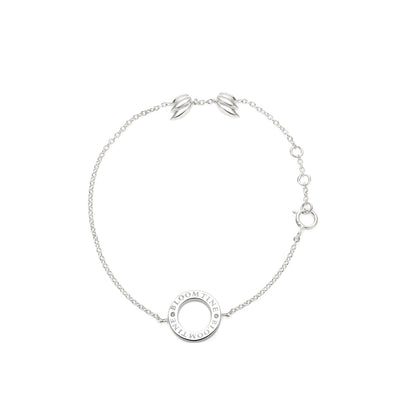 BLOOMTINE Mini Halo Wings silver bracelet in rhodium-plated sterling silver. Features two VVS lab diamonds and signature angel wing details. An adjustable diamond bracelet for effortless gifting BLOOMTINE sterling silver Mini Halo Wings™ bracelet. Hand-set with brilliant lab-grown diamonds and finished with premium white rhodium for a mesmerizing, diamond-like glow that lasts. White background