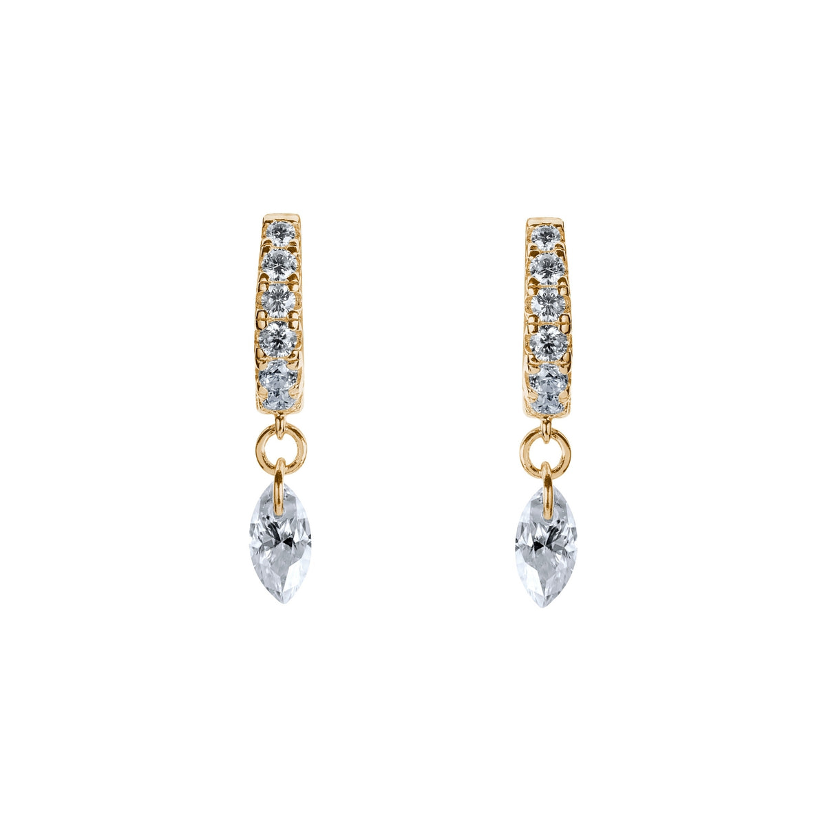 Gold hoop earrings with clear gemstones on a white background. A lifestyle-image of a woman-wearing the Illuminess-gold-vermeil-huggies in a-first-lobe-piercing. The-petite-luminous-silhouette is shown-styled-in a-curated-ear-stack, demonstrating-how-the-earrings transition-seamlessly from day-to-night. This-shot-captures the-dainty-luxury-aesthetic and comfortable-secure-fit of these-best-selling-hoops