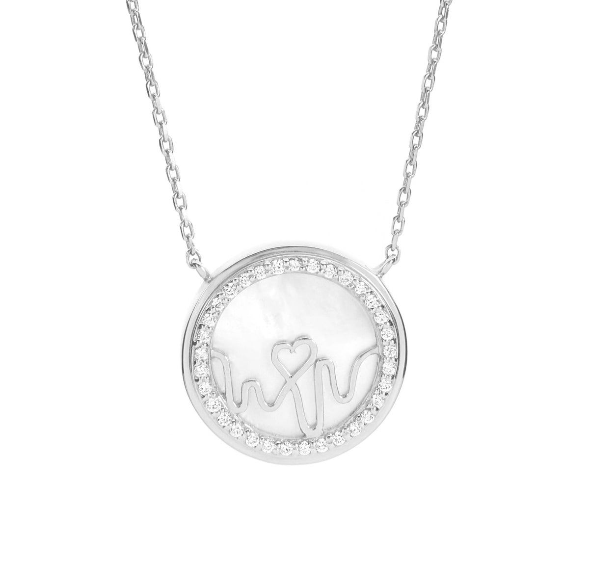 Bloomtine-Loves-Frequency-sterling-silver-heartbeat-locket. A professional-hero-shot of a 925-sterling-silver-heart-locket featuring an-intricate-heartbeat-rhythm-design embellished-with-multiple-sparkling-gemstones. This-sentimental-pendant is centered-on-a-clean-white-background, showcasing its-high-polish-finish and fine-engraved-details. As-the-lead-piece of the Loves-Frequency-collection, this-multi-gemstone-necklace represents-a-meaningful-gift for anniversaries, birthdays, or special-milestones, comb
