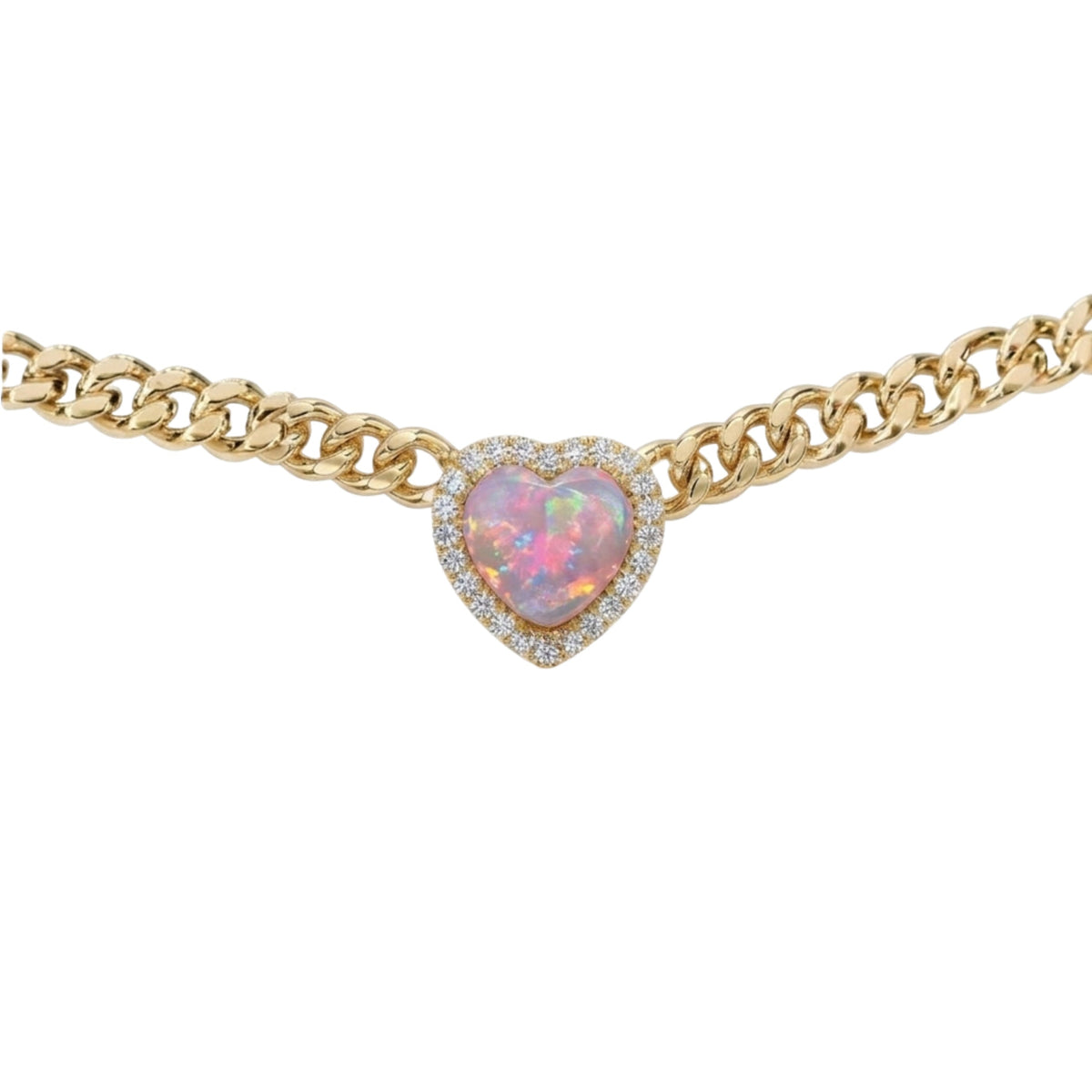 A gold chain necklace featuring a heart-shaped opal pendant with a halo of small clear stones, shown against a plain white background.