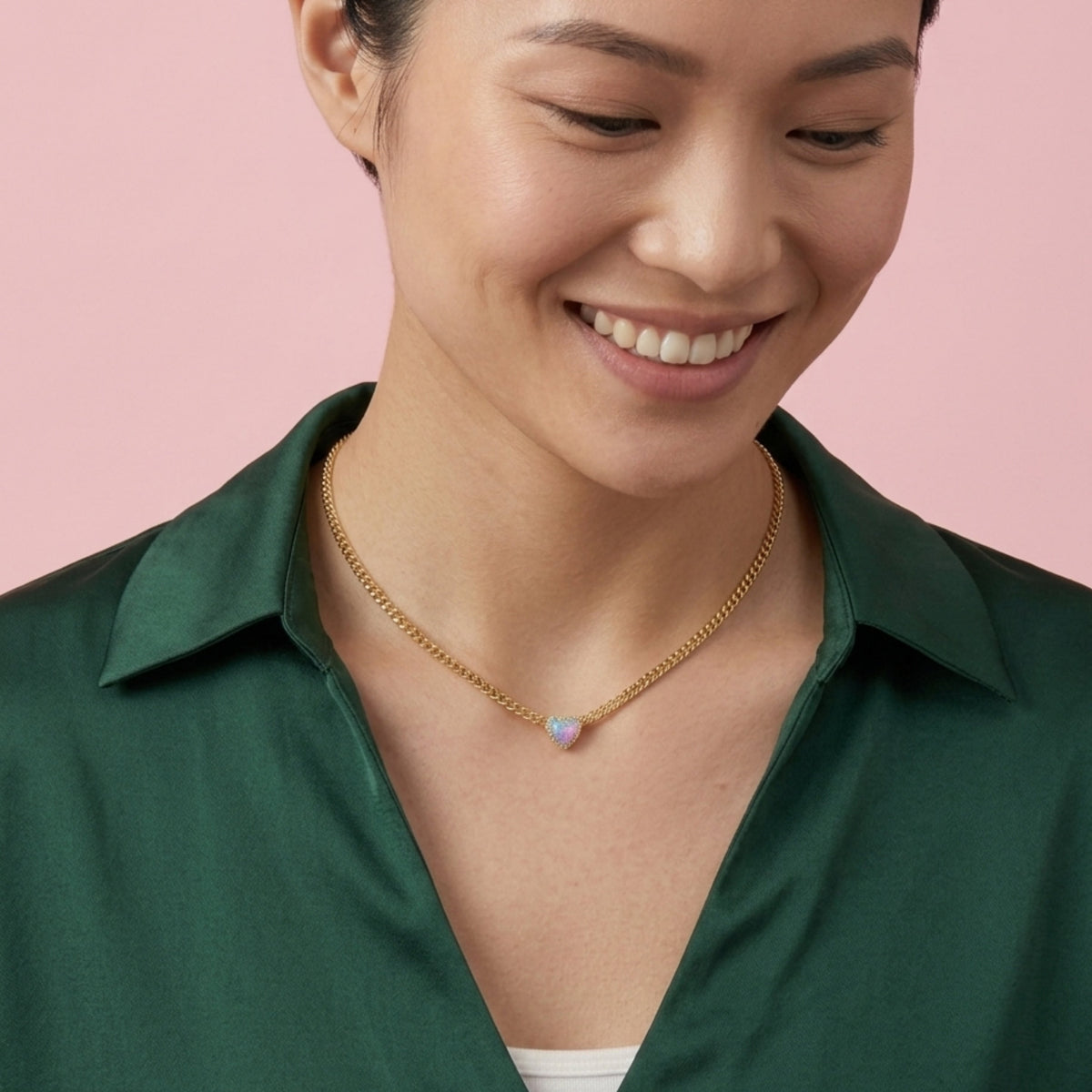 Collection of hypoallergenic 14k gold plated necklaces and rings made from surgical-grade stainless steel. Pink Opal, Blue Opal